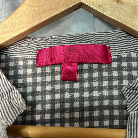 Almost Famous Roll Tab Gray & White Striped 3/4 Button Down Sleeve Blouse - Picture 6 of 10